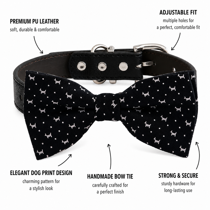 Black Dog Bow Tie Collar with Adjustable Vegan Leather Collar for Dogs & Puppies