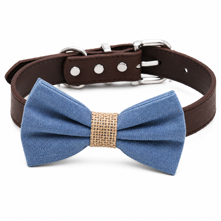 Blue and Brown Dog Bow Tie Collar with Adjustable Vegan Leather Collar for Dogs & Puppies