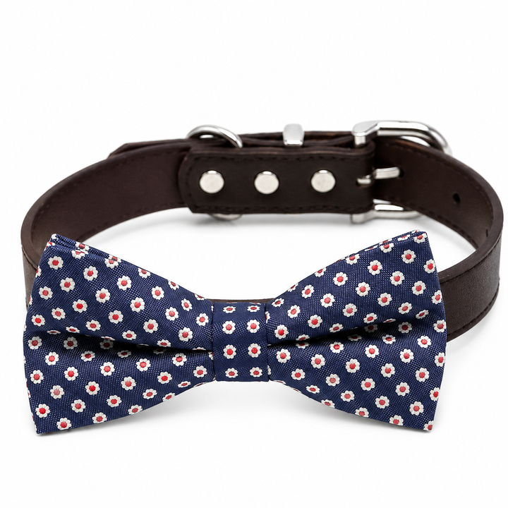 Blue Dog Bow Tie Collar with Adjustable Vegan Leather Collar for Dogs & Puppies