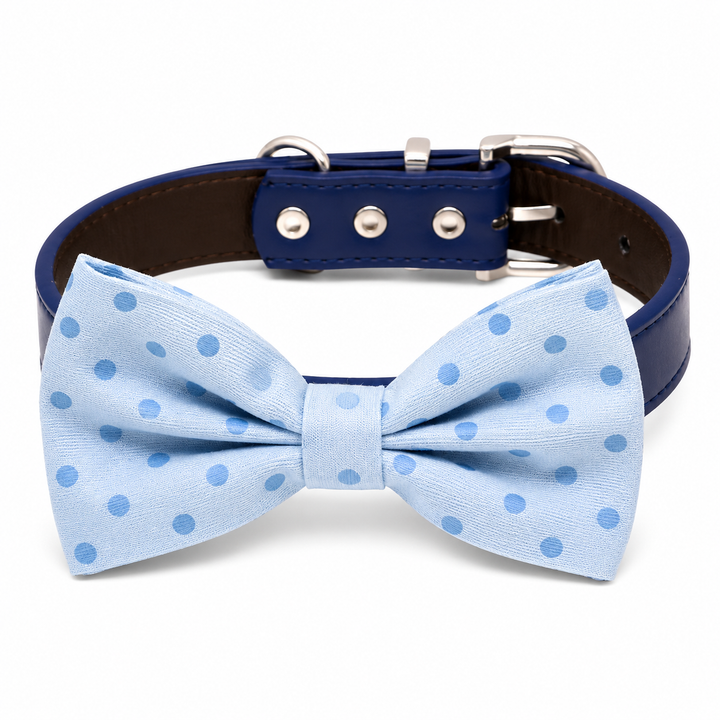 Blue Polka Dot Dog Bow Tie Collar with Adjustable Vegan Leather Collar for Dogs & Puppies