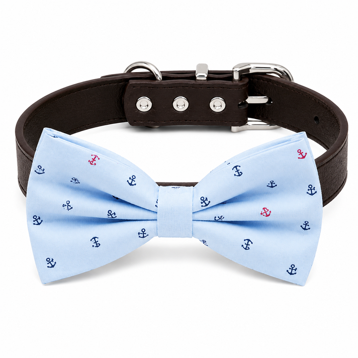 Blue Dog Bow Tie Collar with Adjustable Vegan Leather Collar for Dogs & Puppies