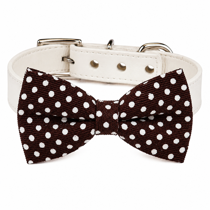 Brown Polka Dot Dog Bow Tie Collar with Adjustable Vegan Leather Collar for Dogs & Puppies
