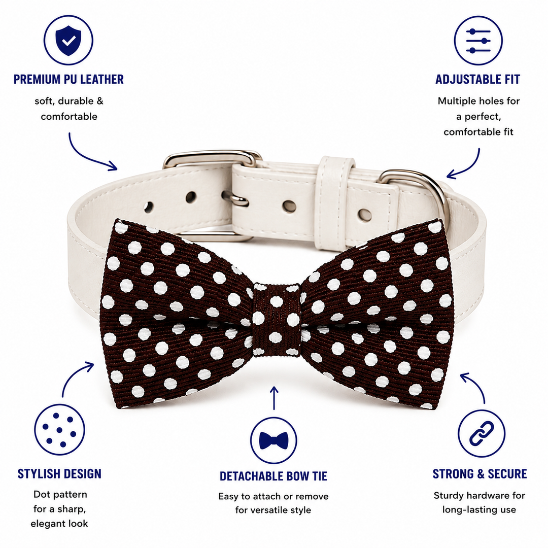 Brown Polka Dot Dog Bow Tie Collar with Adjustable Vegan Leather Collar for Dogs & Puppies