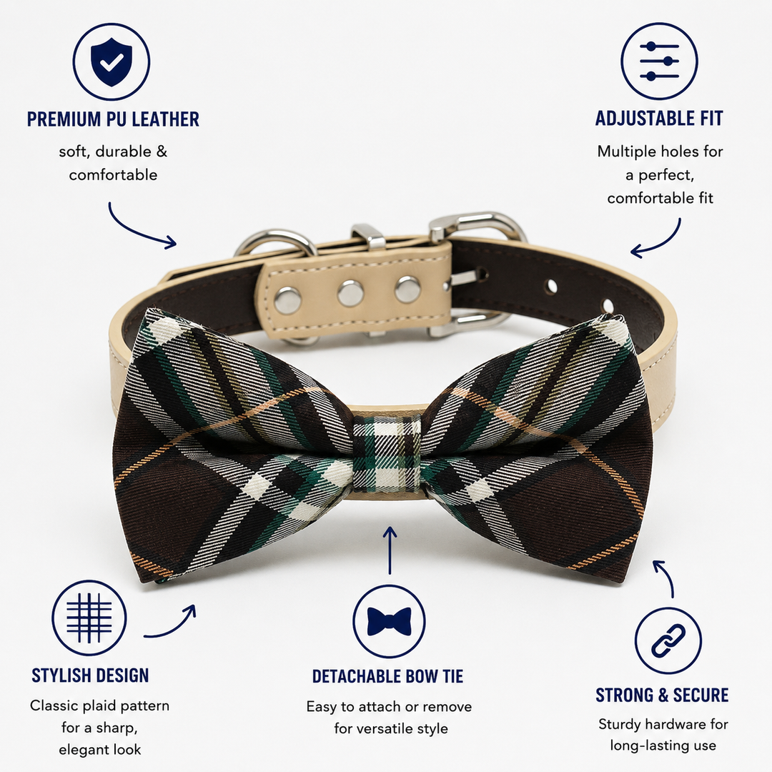 Brown & Ivory Plaid Dog Bow Tie Collar with Adjustable Vegan Leather Collar for Dogs & Puppies