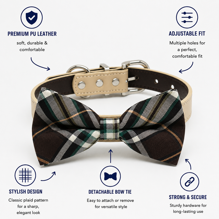 Brown & Ivory Plaid Dog Bow Tie Collar with Adjustable Vegan Leather Collar for Dogs & Puppies