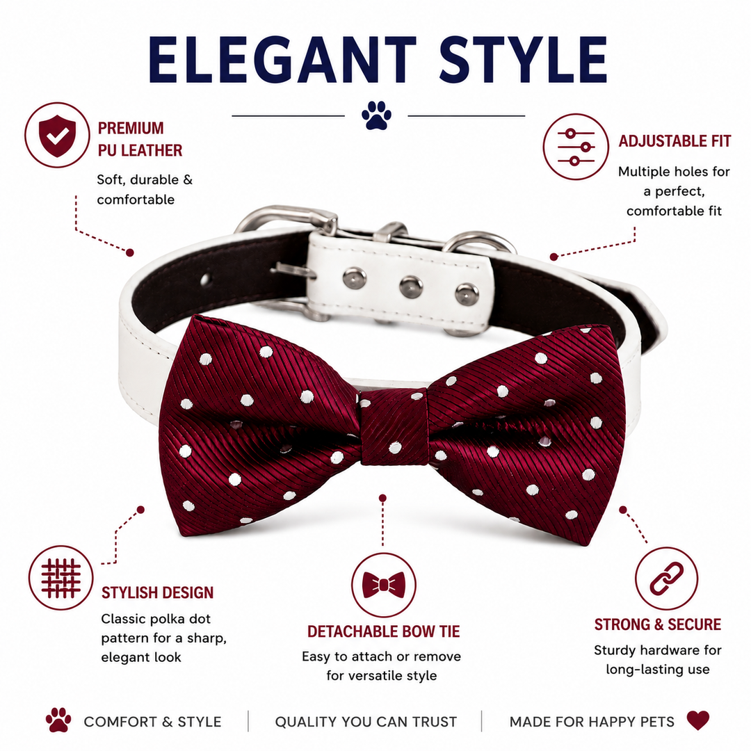 Burgundy Satin Polka Dot Dog Bow Tie Collar with Adjustable Vegan Leather Collar for Dogs & Puppies