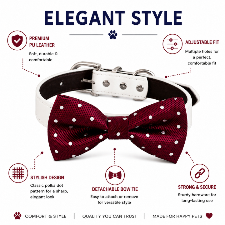 Burgundy Satin Polka Dot Dog Bow Tie Collar with Adjustable Vegan Leather Collar for Dogs & Puppies