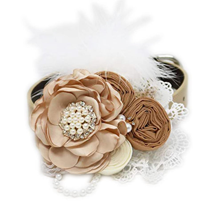 Champagne floral ring bearer dog collar with pearl flower centerpiece, lace accents, decorative feather, and wedding ring holder ribbon.