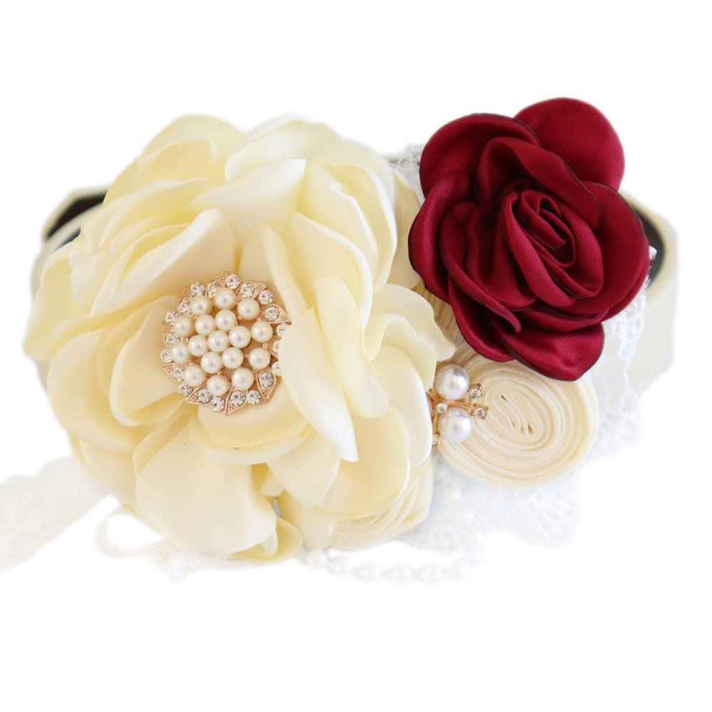 Ivory and burgundy floral dog collar featuring pearl centerpiece, satin rose, lace accents, and decorative floral design.