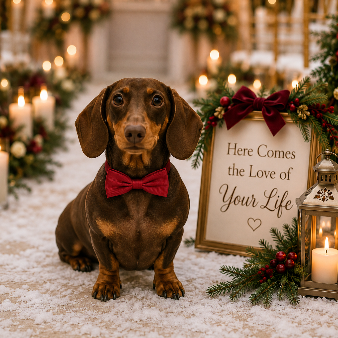 Red Ring Bearer Dog Bow Tie Collar with Wedding Ring Holder Ribbon and Black Vegan Leather Collar