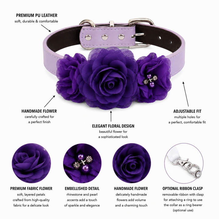 Purple Floral Dog Collar with Layered Rose Design and Pearl Accent