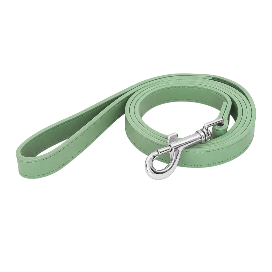 Sage green soft vegan leather dog leash, 48 inches long and 0.75 inches wide