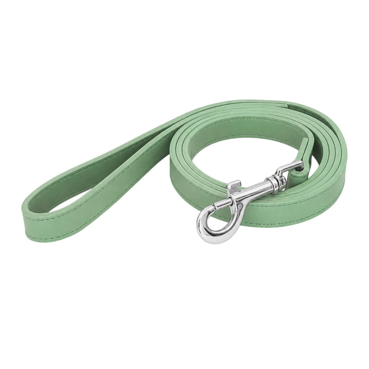 Sage green soft vegan leather dog leash, 48 inches long and 0.75 inches wide