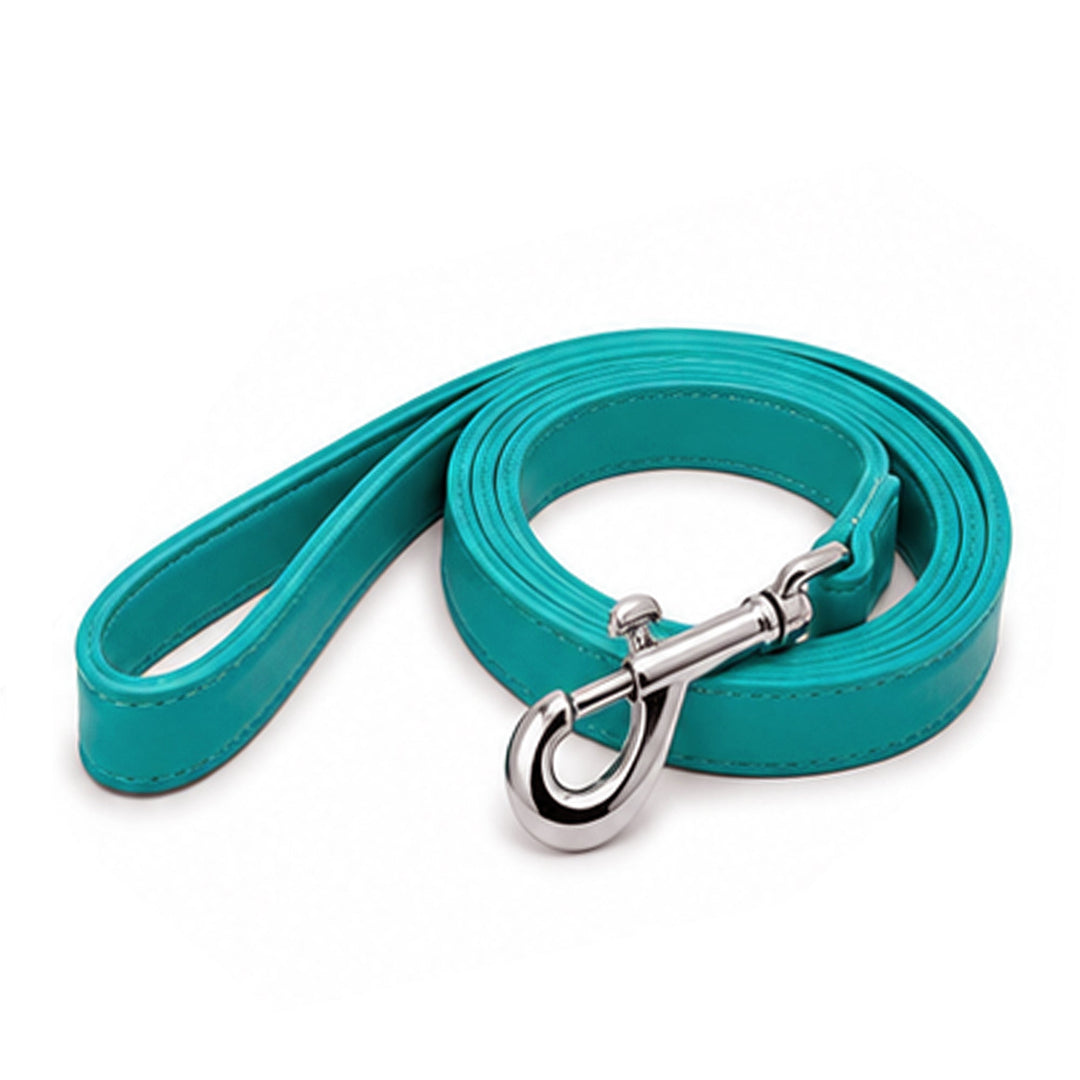 Teal blue soft vegan leather dog leash, 48 inches long and 0.75 inches wide
