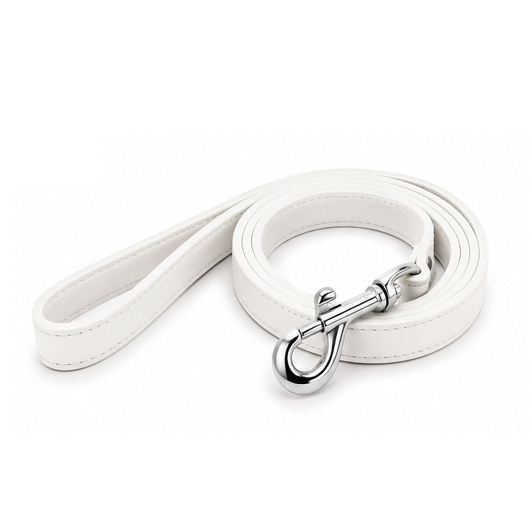 White soft vegan leather dog leash, 48 inches long and 0.75 inches wide