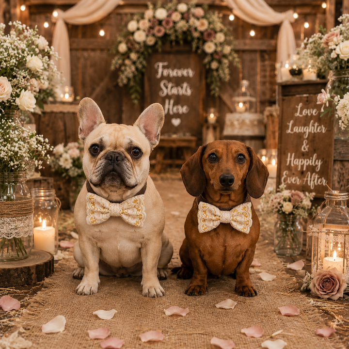 Golden Yellow Ring Bearer Dog Bow Tie Collar with Ivory Floral Lace