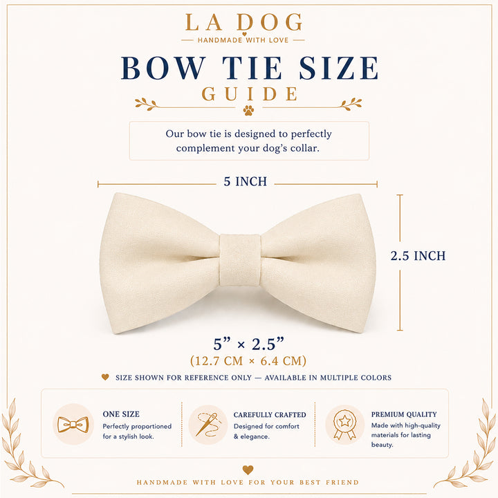 The image is a guide for a bow tie size, providing dimensions and details about the bow tie, including its design, materials, and features.