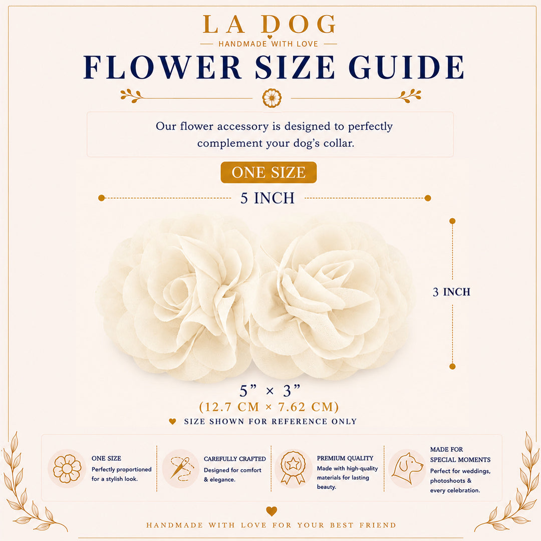 The image is a flower size guide for a dog accessory, providing dimensions and descriptions of the accessory.