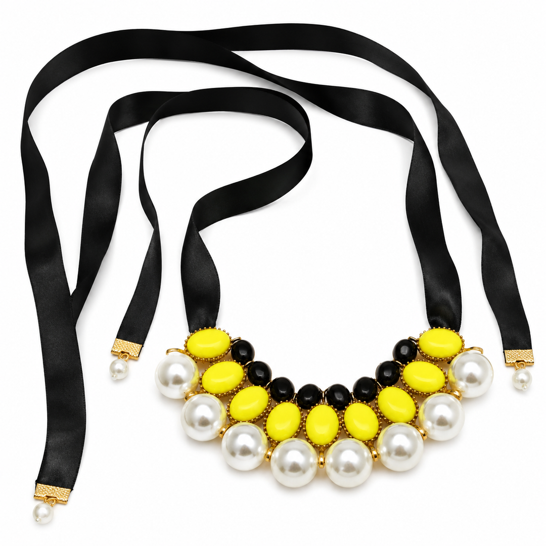 Yellow Pearl Statement Dog Collar Necklace with Black Satin Ribbon