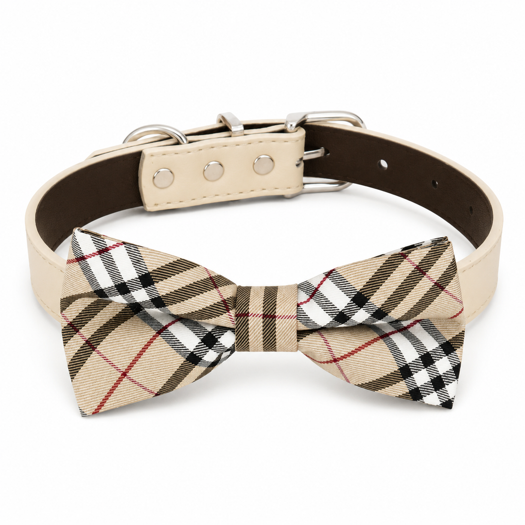 Beige check bow tie dog collar with cream vegan leather collar