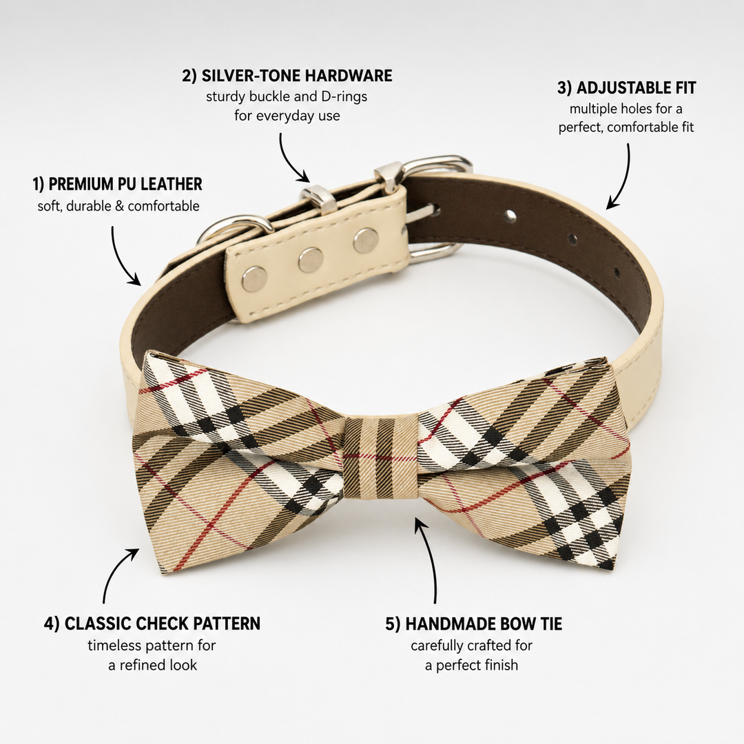 Beige check bow tie dog collar feature guide showing premium leather, hardware, adjustable fit, and handmade bow tie