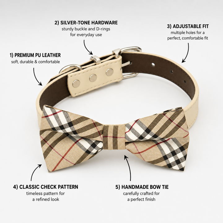 Beige check bow tie dog collar feature guide showing premium leather, hardware, adjustable fit, and handmade bow tie