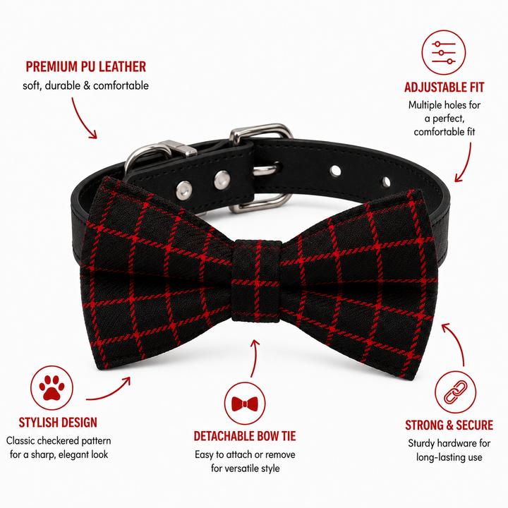 Black and red plaid dog bow tie collar showing premium vegan leather, adjustable fit, detachable bow tie, and secure hardware features