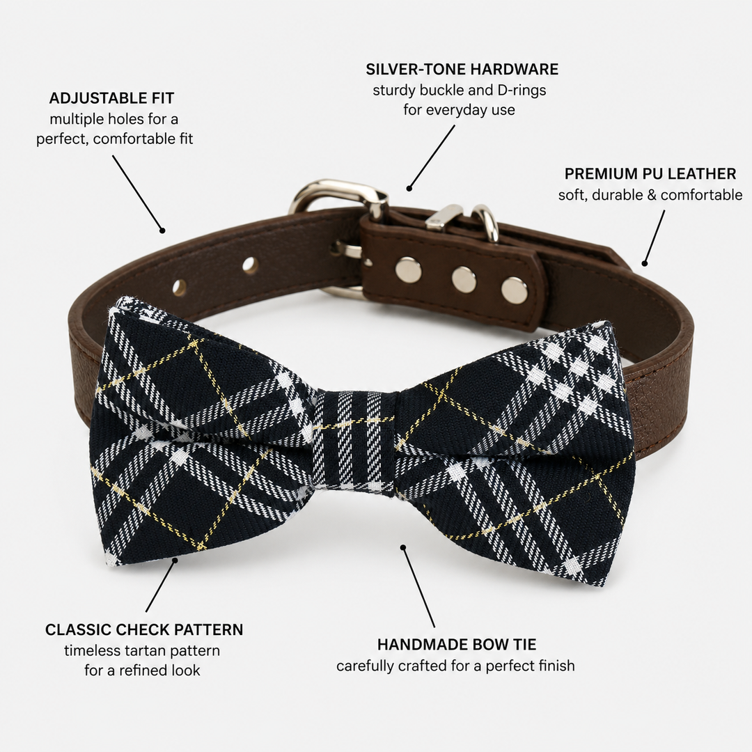Black tartan dog bow tie collar highlighting adjustable fit, silver-tone hardware, premium vegan leather collar, and handmade bow tie