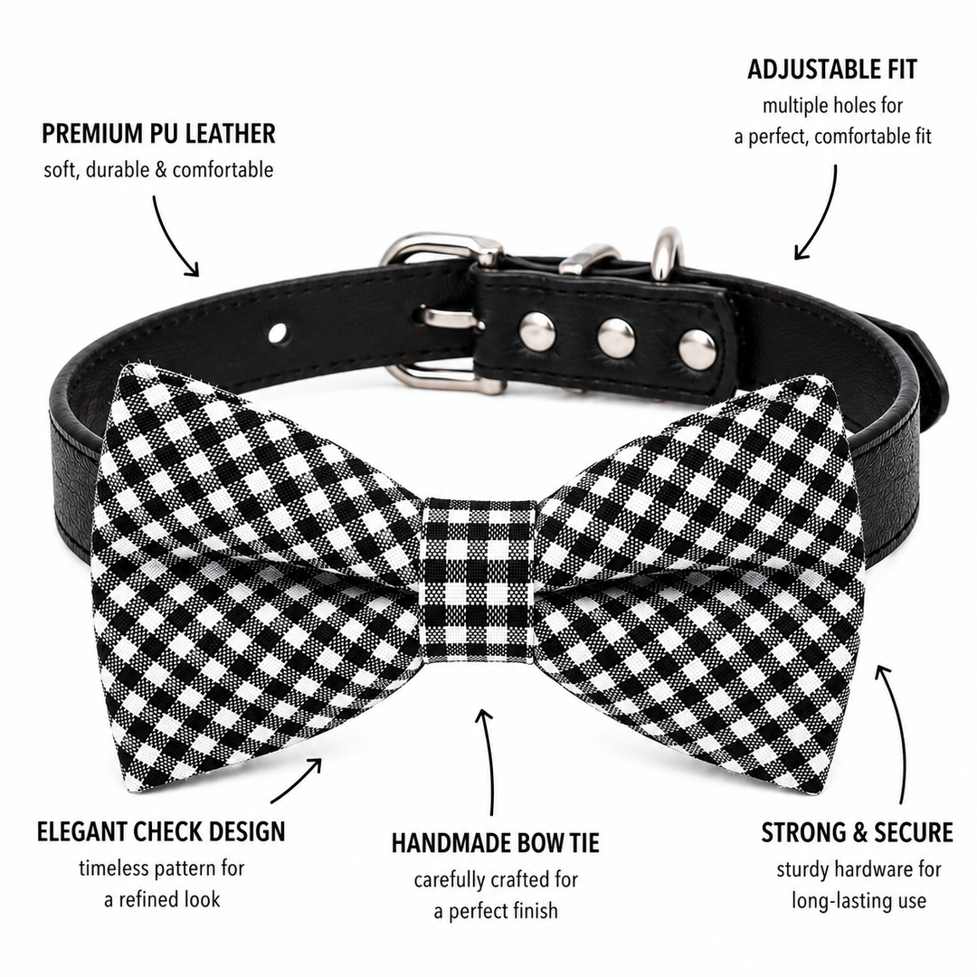 Black and white gingham dog bow tie collar featuring premium vegan leather, adjustable fit, handmade bow tie, and durable hardware