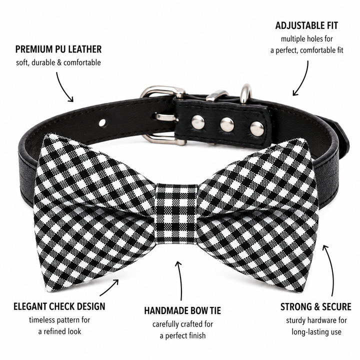 Black and white gingham dog bow tie collar featuring premium vegan leather, adjustable fit, handmade bow tie, and durable hardware