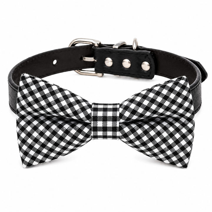 Black and white gingham dog bow tie attached to a black vegan leather dog collar with silver hardware