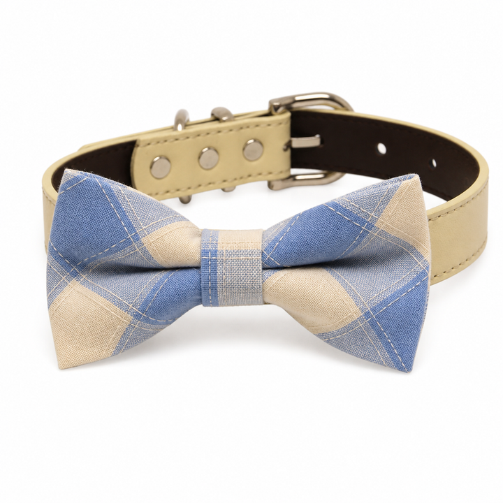 Blue and beige plaid dog bow tie collar with cream vegan leather collar and silver hardware