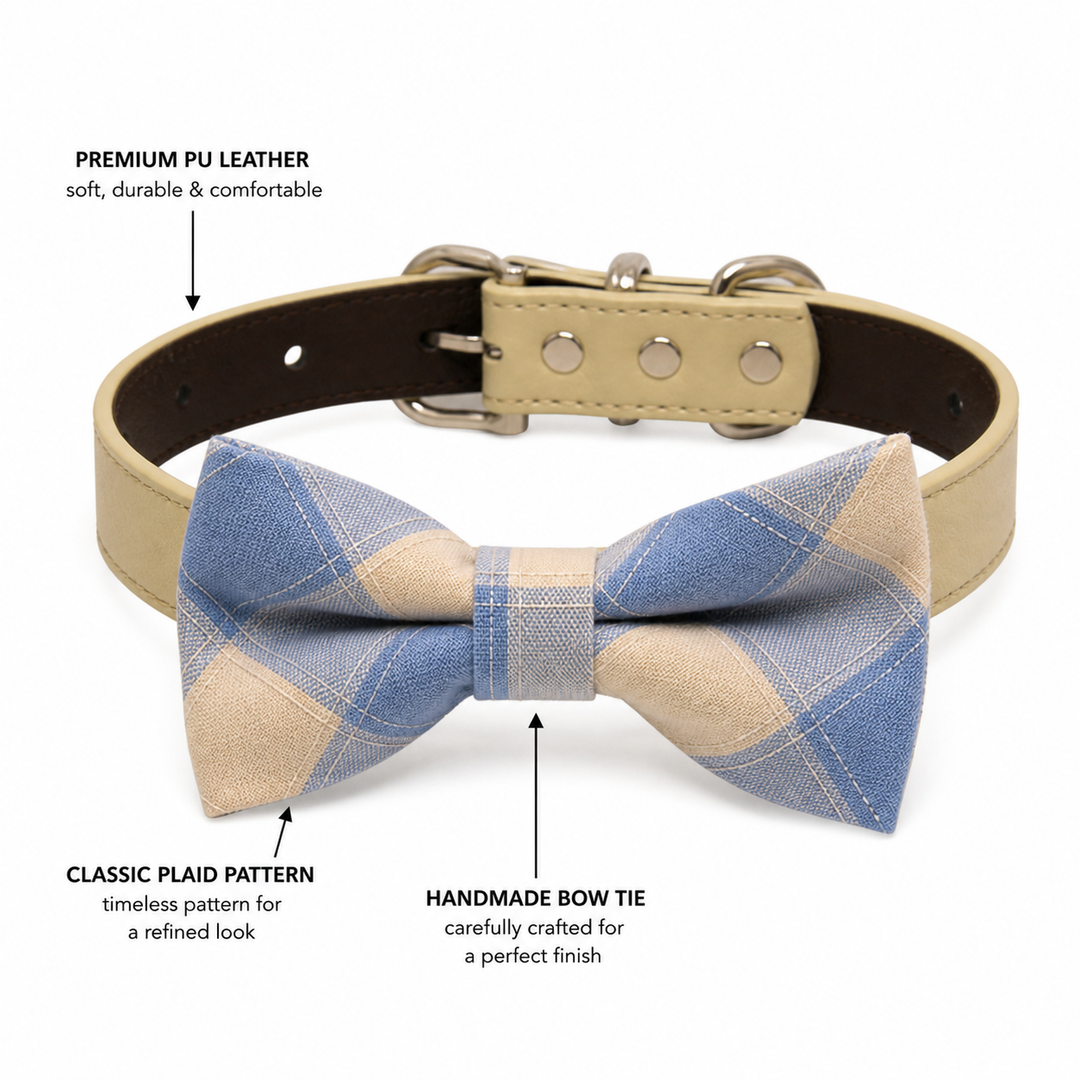 Blue plaid dog bow tie collar highlighting vegan leather collar, handmade bow tie, and classic pattern