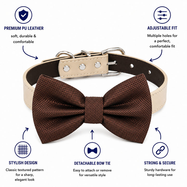 Brown dog bow tie collar highlighting premium vegan leather, adjustable fit, detachable bow tie, and secure hardware.