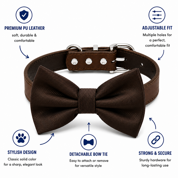 Brown dog bow tie collar highlighting vegan leather material, adjustable fit, detachable bow tie, and secure hardware.