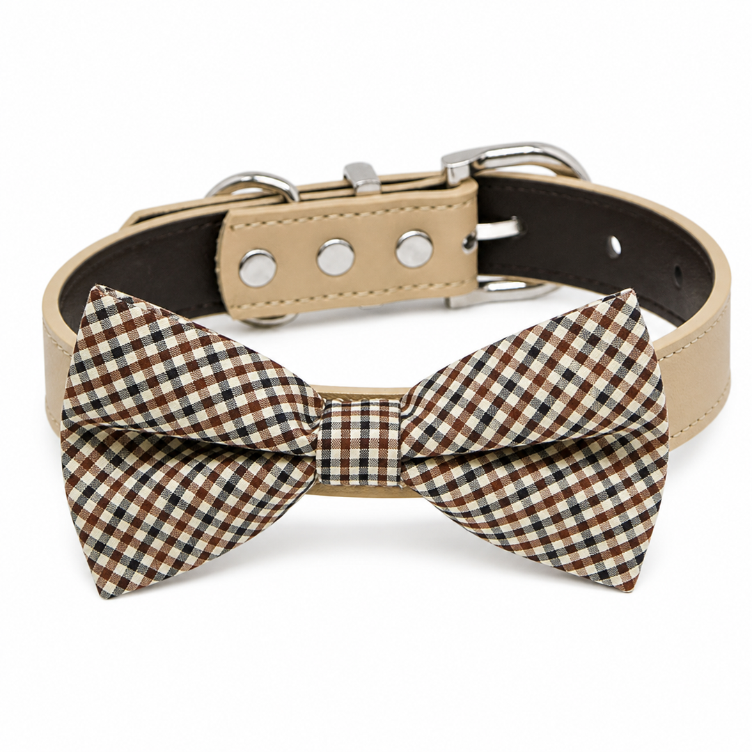Brown plaid dog bow tie collar with beige vegan leather collar and silver hardware
