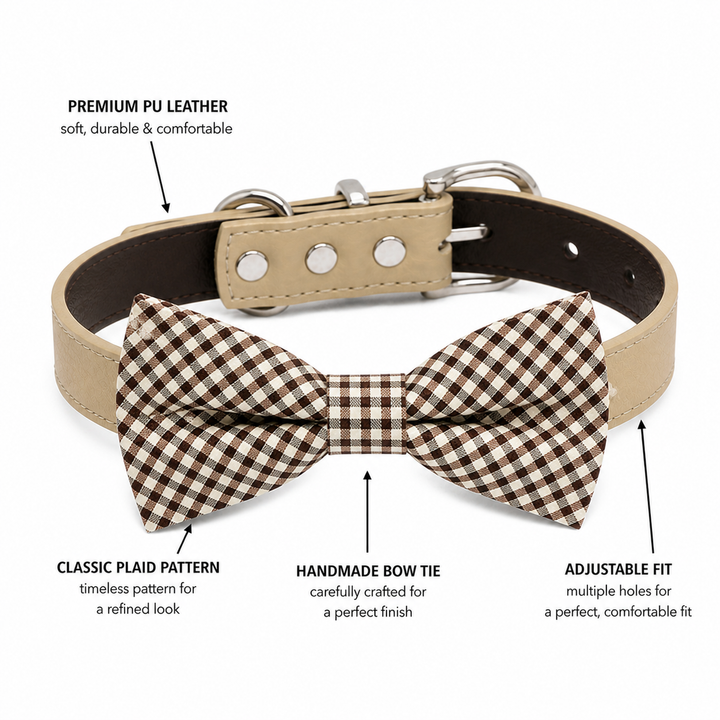 Brown plaid dog bow tie collar featuring handmade bow tie adjustable fit and vegan leather collar
