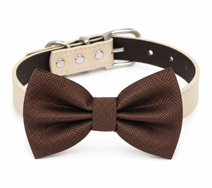 Brown textured dog bow tie attached to an ivory vegan leather dog collar for weddings and formal occasions.