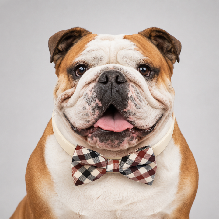 English bulldog wearing ivory dog collar with plaid bow tie accessory