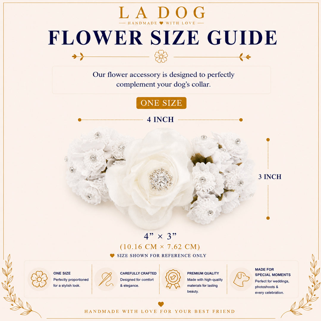 The image is a flower size guide for a flower accessory, specifically a 4-inch flower arrangement. The guide provides dimensions and information about the product, including that it is one size, carefully crafted, designed for comfort, and made for special occasions.