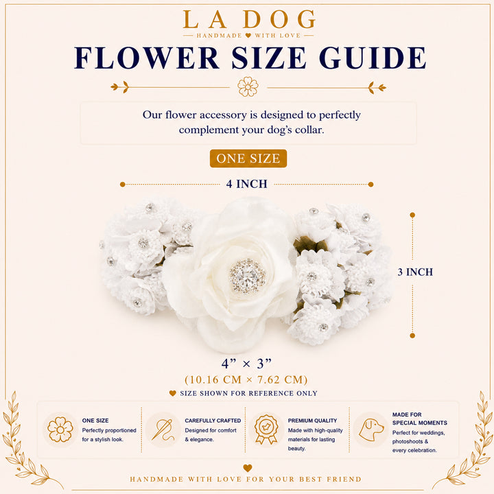 The image is a flower size guide for a flower accessory, specifically a 4-inch flower arrangement. The guide provides dimensions and information about the product, including that it is one size, carefully crafted, designed for comfort, and made for special occasions.