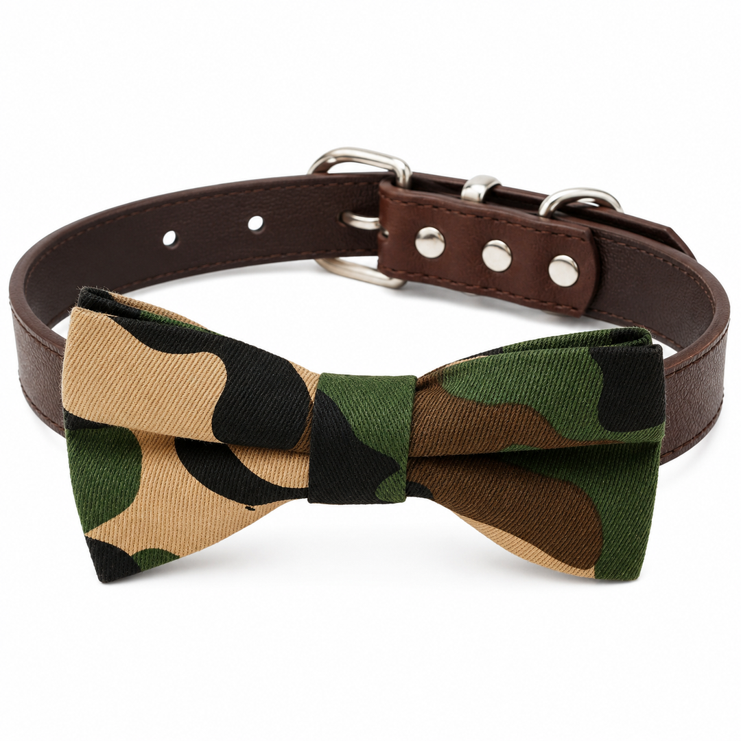 Camouflage dog bow tie collar with brown vegan leather adjustable dog collar