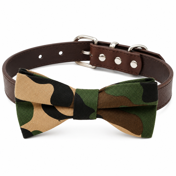 Camouflage dog bow tie collar with brown vegan leather adjustable dog collar
