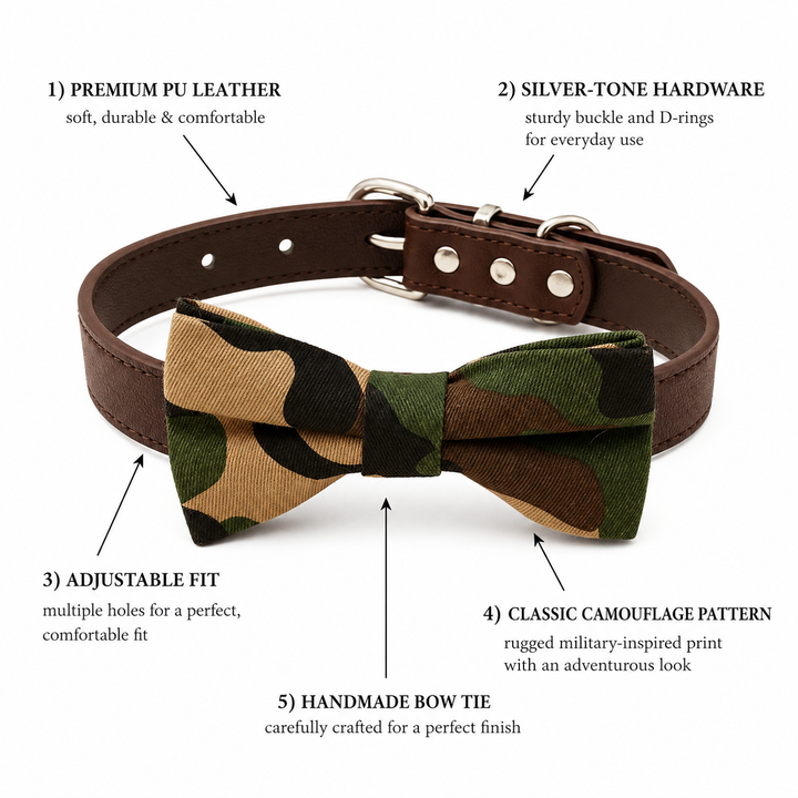 Camouflage dog bow tie collar feature guide showing vegan leather collar adjustable fit and handmade bow tie