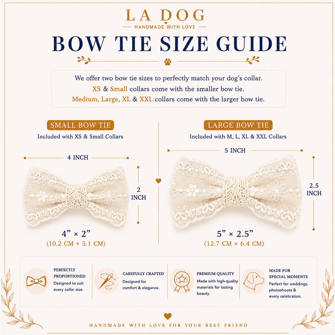 The image is a guide for bow tie sizes, providing information on the different bow tie sizes available and their corresponding measurements.