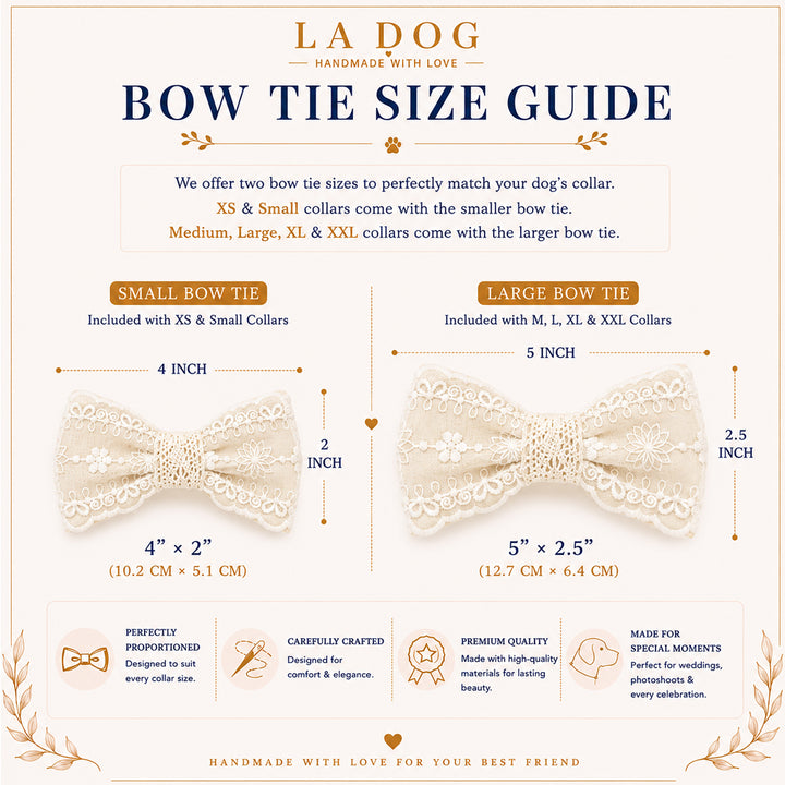 The image is a guide for bow tie sizes, providing information on the different bow tie sizes available and their corresponding measurements.