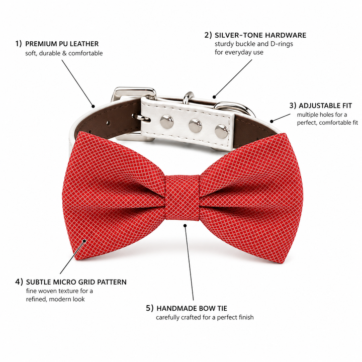 Feature guide highlighting premium vegan leather, silver-tone hardware, adjustable fit, and handmade red bow tie craftsmanship.