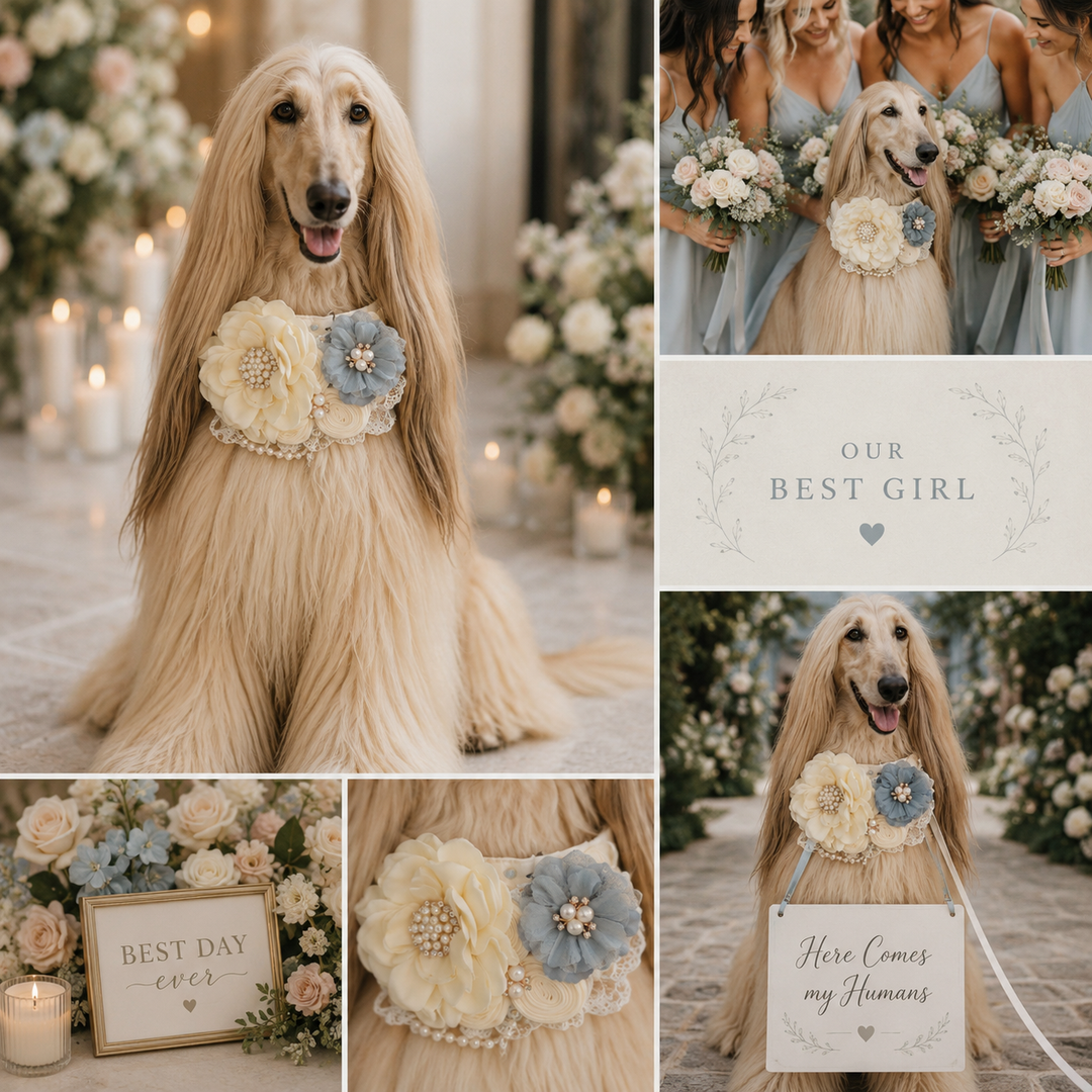 Ivory and Dusty Blue Floral Dog Collar with Pearl Accent