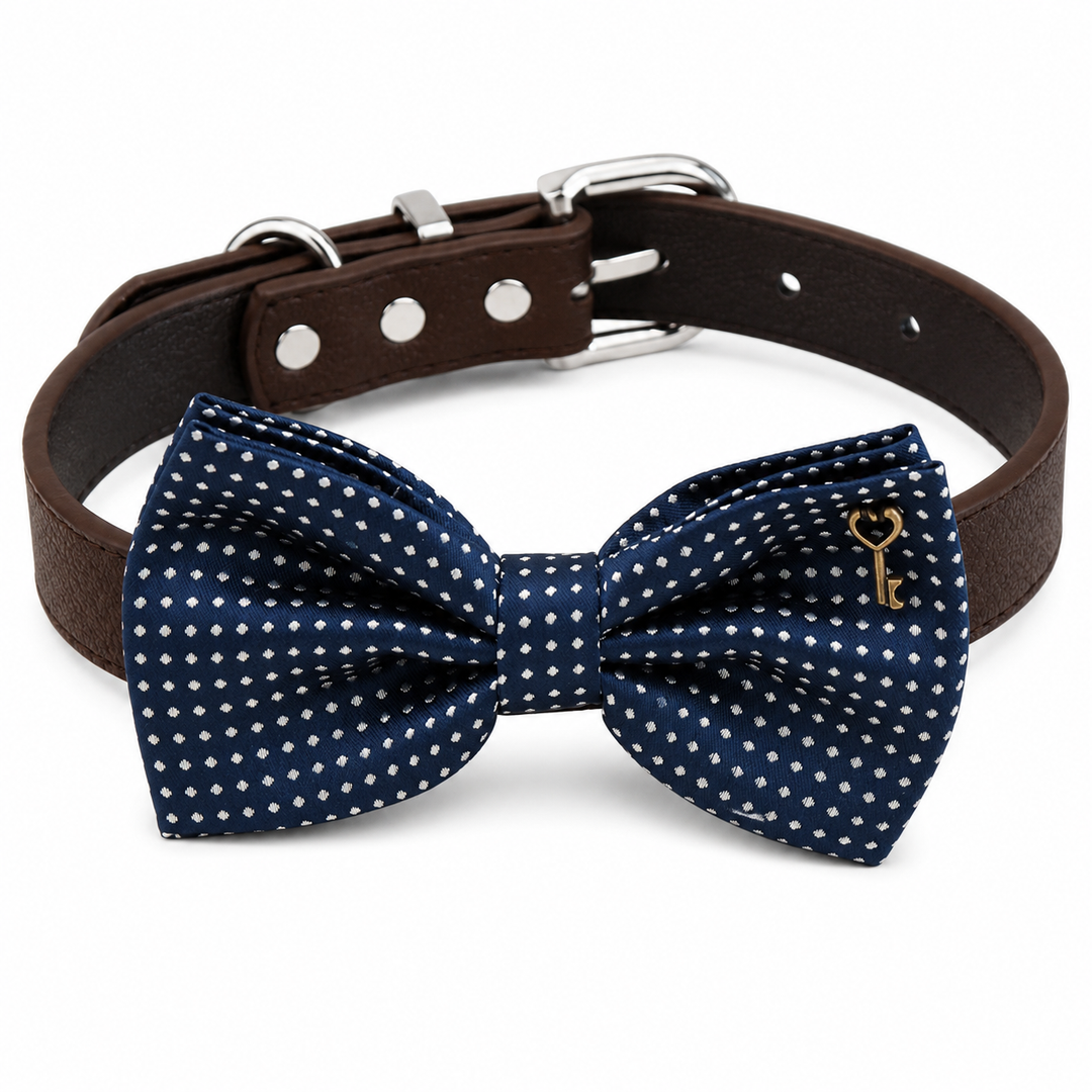 Navy Polka Dot Ring Bearer Wedding Dog Bow Tie Collar with Adjustable Brown Vegan Leather Collar