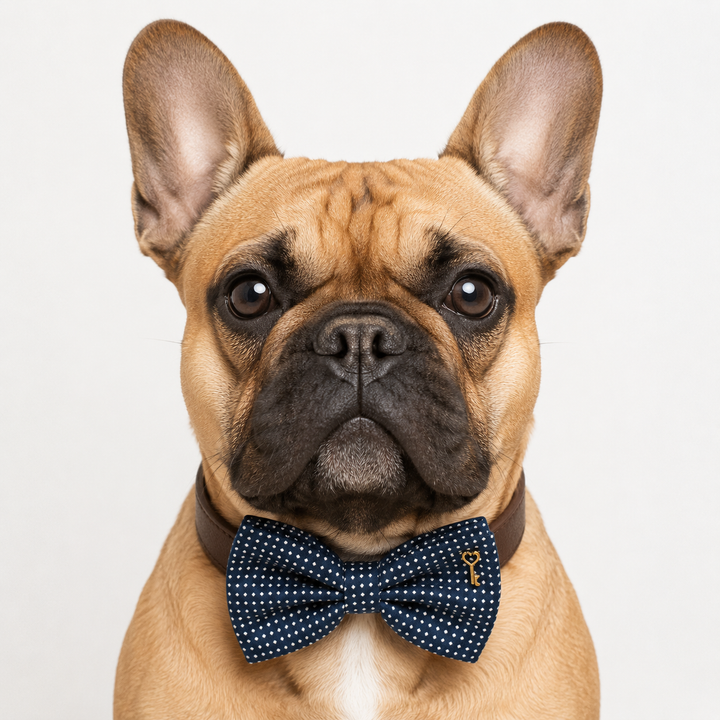 Navy Polka Dot Ring Bearer Wedding Dog Bow Tie Collar with Adjustable Brown Vegan Leather Collar